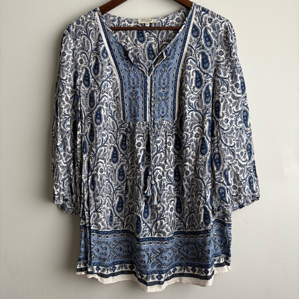 Max Studio Woman Blue Paisley Boho Peasant Tunic Blouse Size 1X